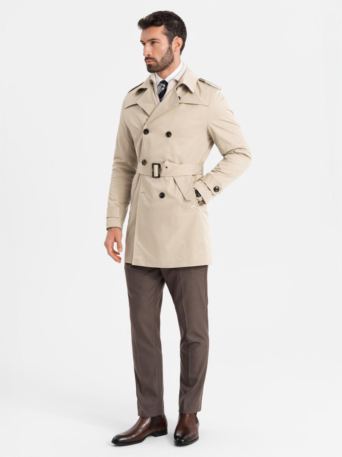 Elegant men's SLIM FIT trench coat with belt - beige V1 OM-COSC-0126