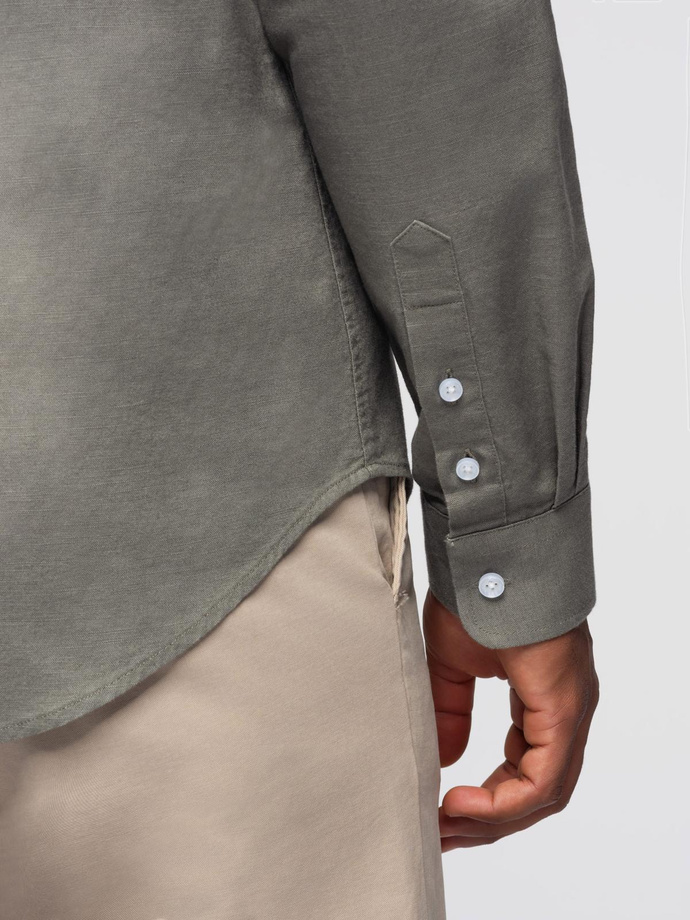Męska koszula lniana ze stójką i kieszenią REGULAR FIT – khaki V6 OM-SHCS-0161