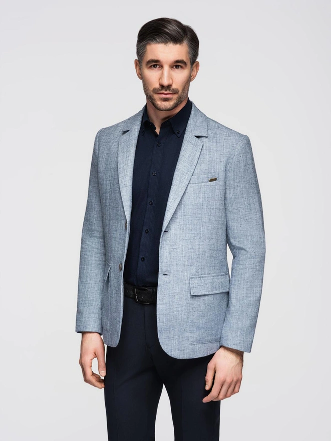 Men's REGULAR cut jacket with linen - light blue V3 OM-BLZB-0128