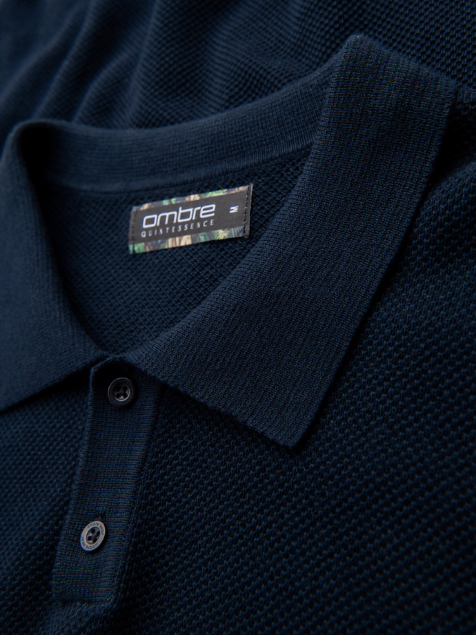 Men's cotton structured knit polo shirt - navy blue V2 OM-POSS-0117