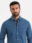 Męska koszula w drobny wzór SLIM FIT - granatowa V1 OM-SHCS-0140