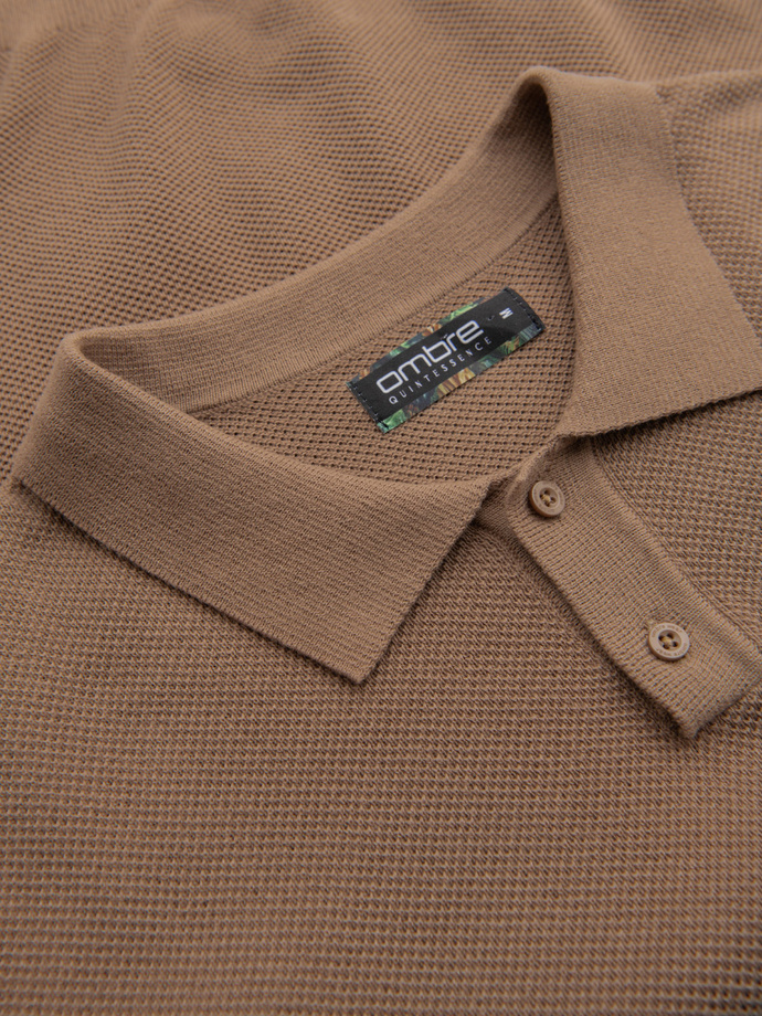 Men's cotton structured knit polo shirt - light brown V3 OM-POSS-0117