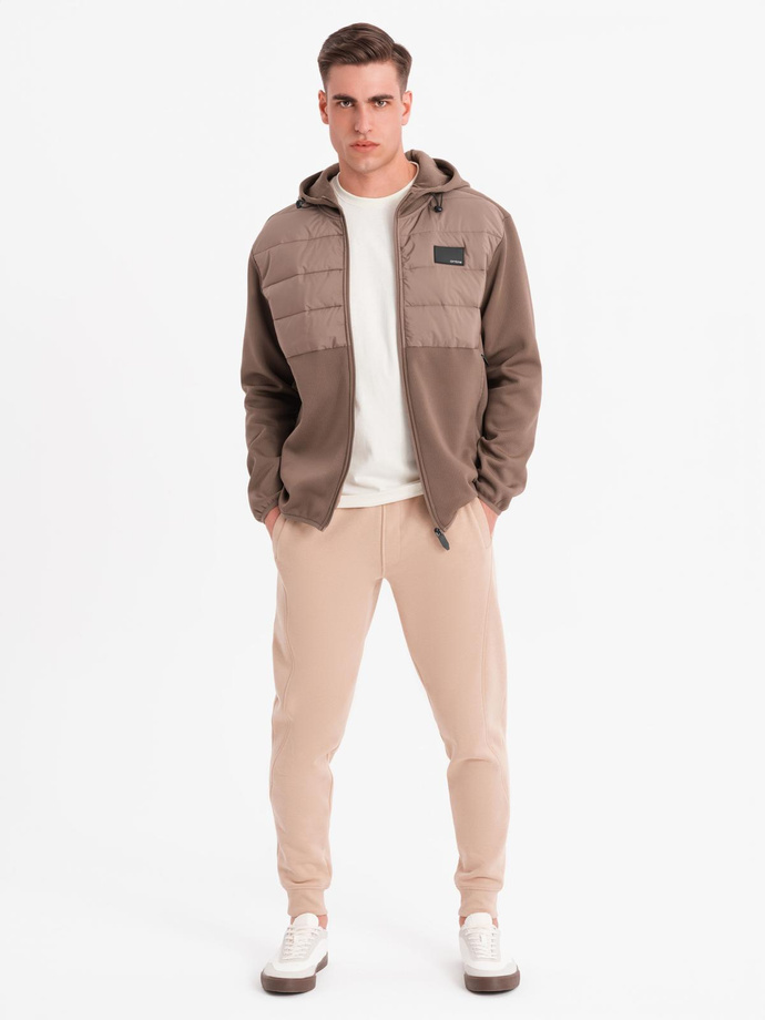 Men's lightweight jacket of combined materials with hood and decorative quilting - light brown V2 OM-JANP-0160