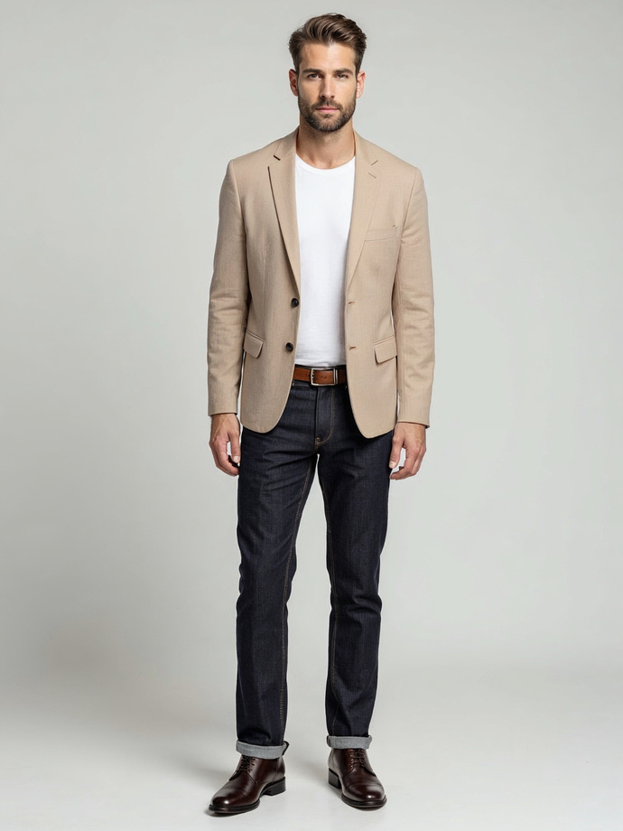 Elegancka męska marynarka SLIM FIT z rayonem – beżowa V2 OM-BLZB-0135