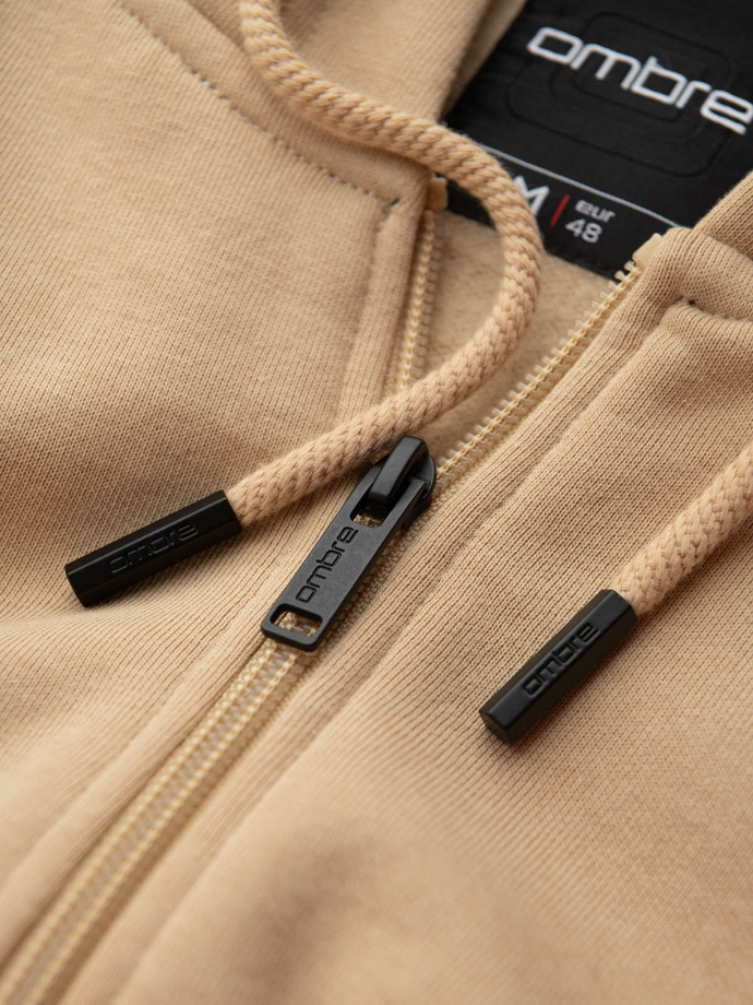 Męska rozpinana dresowa bluza z kapturem i patchem – piaskowa V2 OM-SSZP-0140