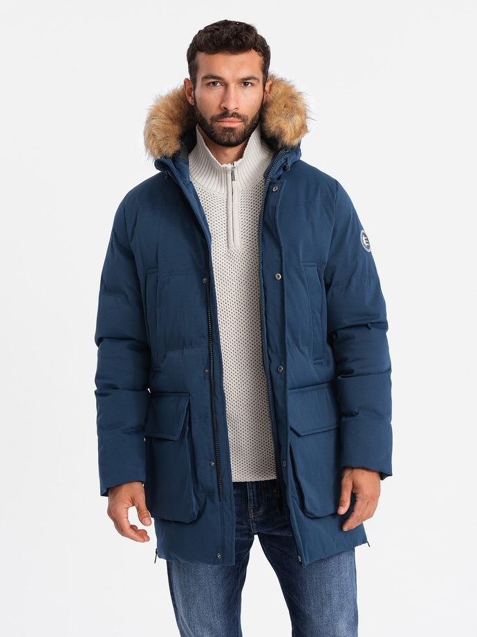 Men's long parka jacket with flared bottom - navy blue V5 OM-JALJ-0184