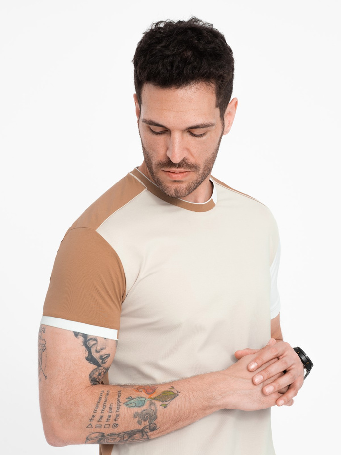 Men's elastane t-shirt with colored sleeves - brown V1 OM-TSCT-0176