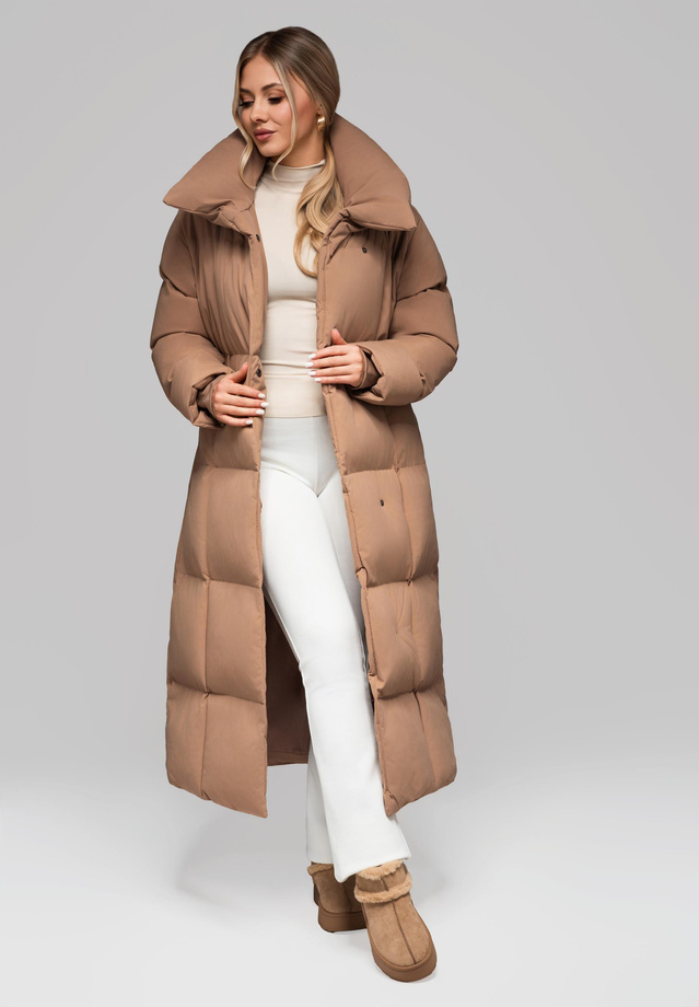 Women's quilted long jacket with belt OW-JALJ-0104 v3 - brown