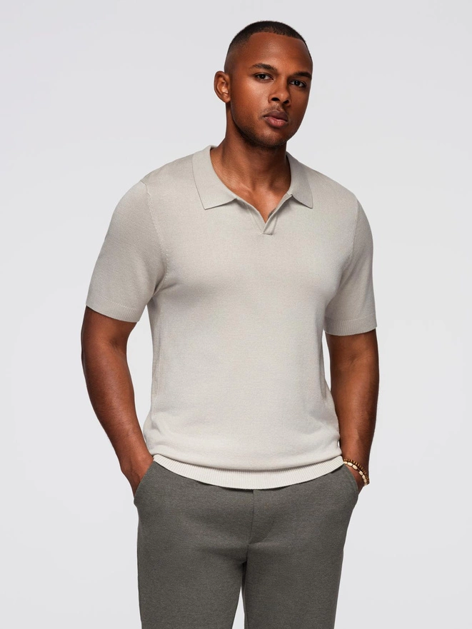 Men's buttonless polo shirt with classic weave - light grey V3 OM-POSS-0159