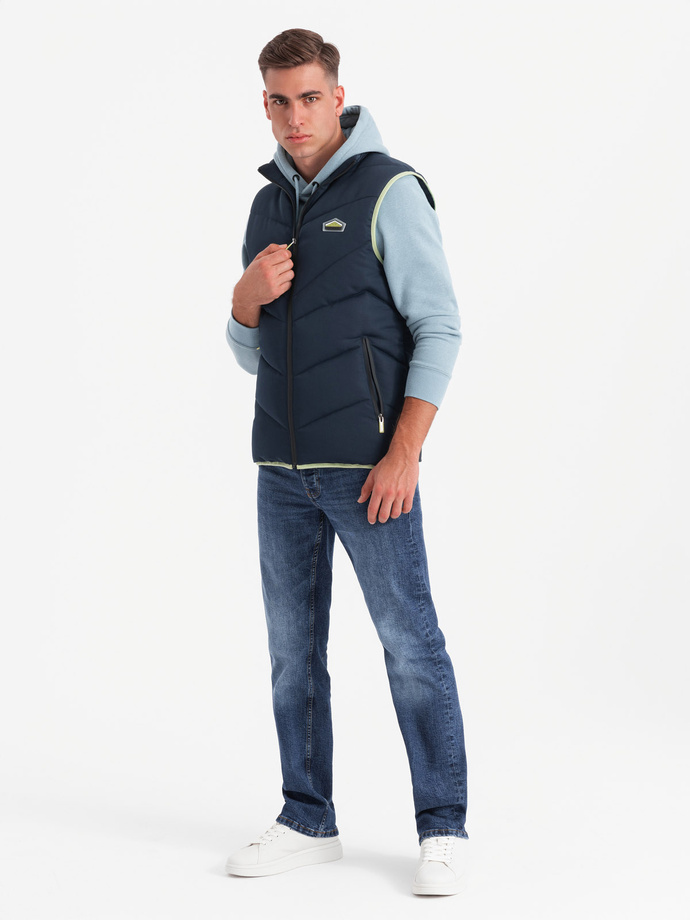 Men's quilted sleeveless jacket with neon accents - navy blue V3 OM-JAVJ-0210
