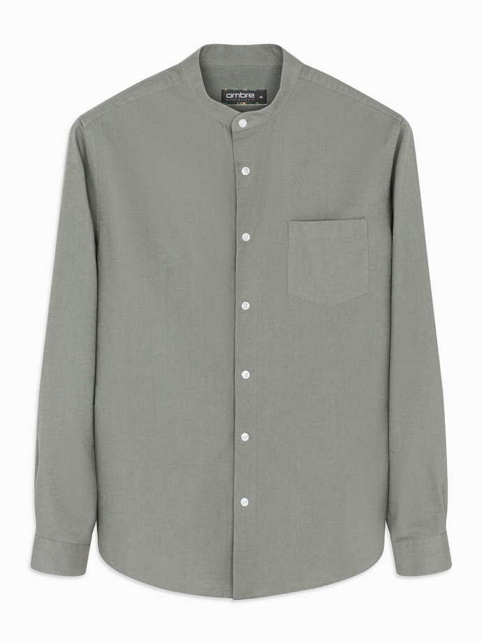 Męska koszula lniana ze stójką i kieszenią REGULAR FIT – khaki V6 OM-SHCS-0161