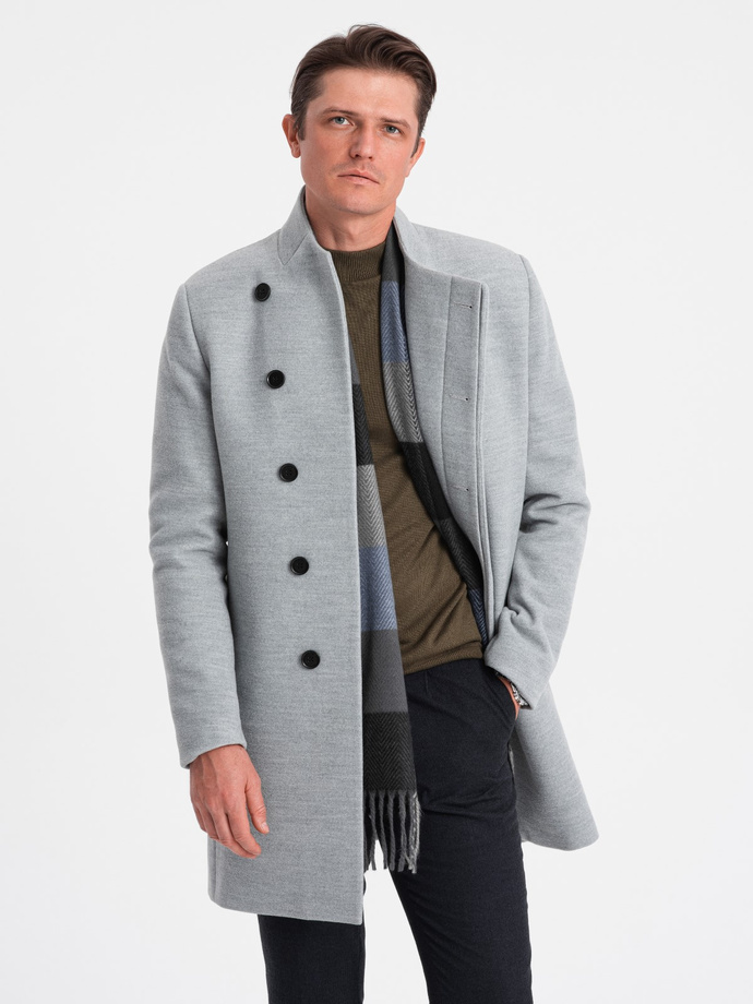 Men's coat with asymmetrical fastening - grey melange V1 OM-COWC-0102