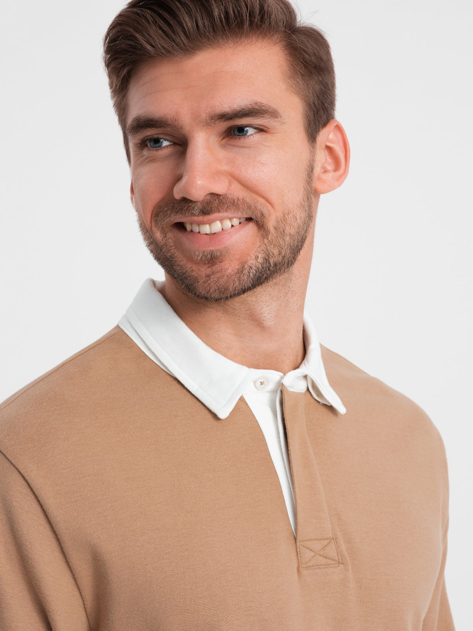 Bluza męska z białym kołnierzykiem polo - jasnobrązowa V8 OM-SSNZ-0132
