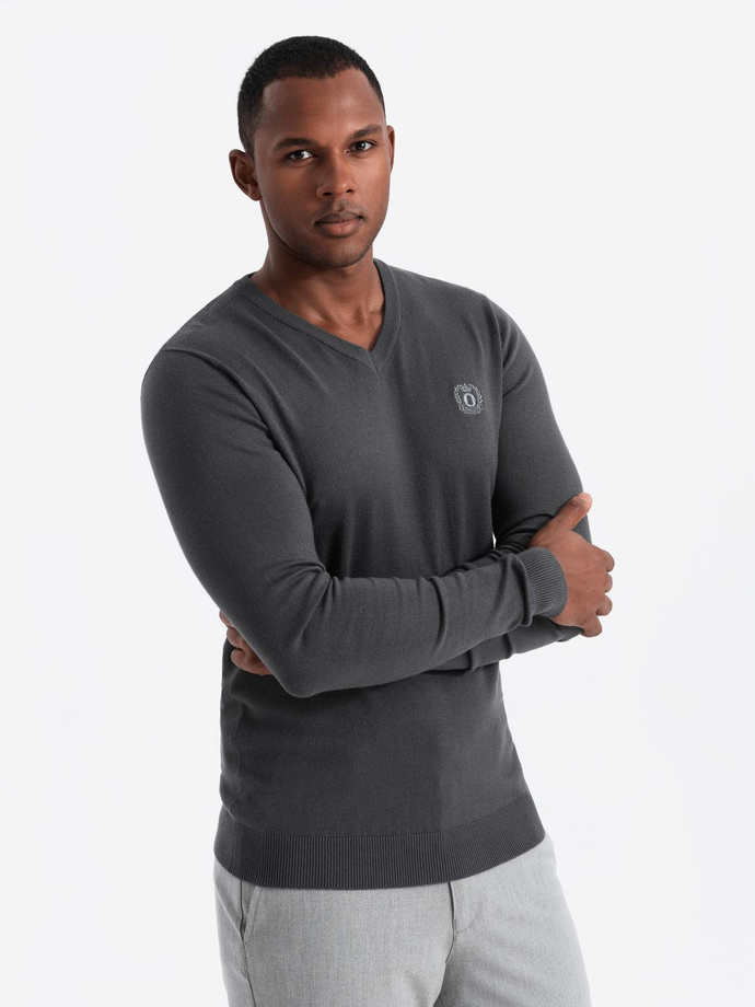Elegancki sweter męski BASIC V-neck z wiskozą - grafitowy V17 OM-SWBS-0107
