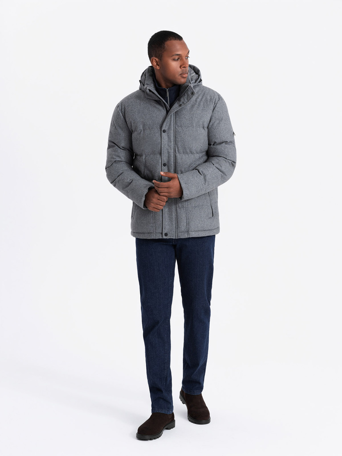 Casualowa kurtka męska puffer z wełną – szary melanż V1 OM-JAHP-0203