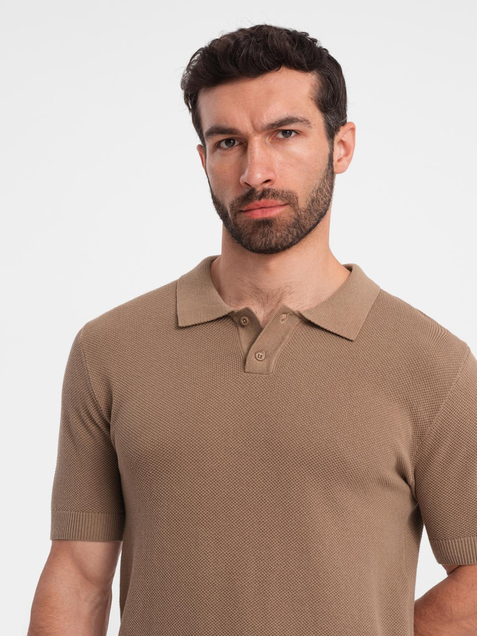 Men's cotton structured knit polo shirt - light brown V3 OM-POSS-0117