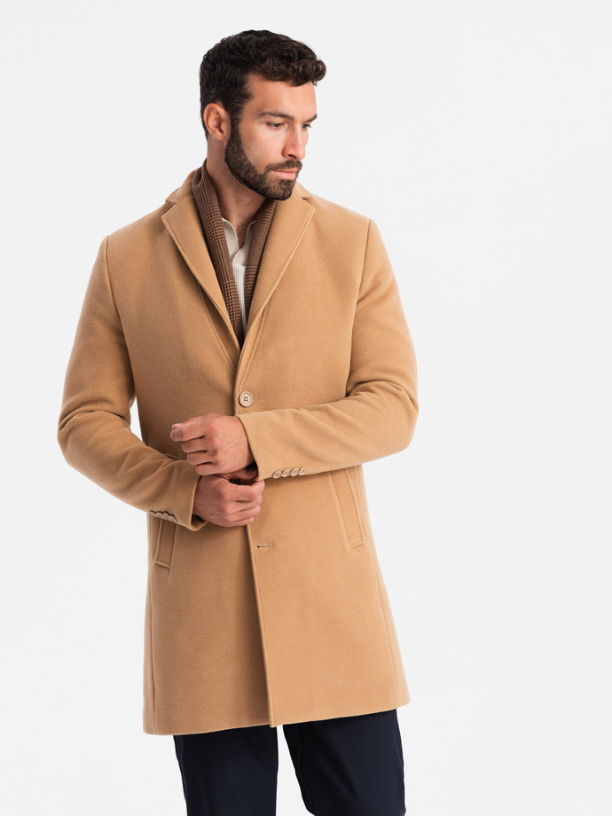 Single-breasted long men's suit style coat - light brown V3 OM-COWC-0105