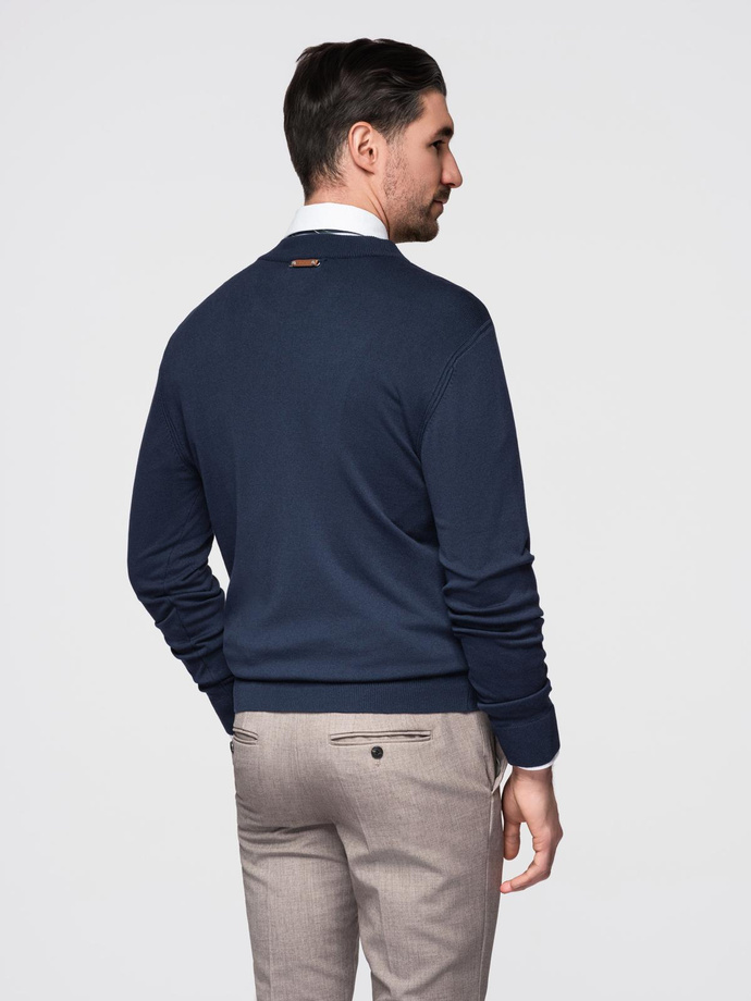 Sweter męski z wiskozą i rozpinanym dekoltem – granatowy V4 OM-SWZS-0124