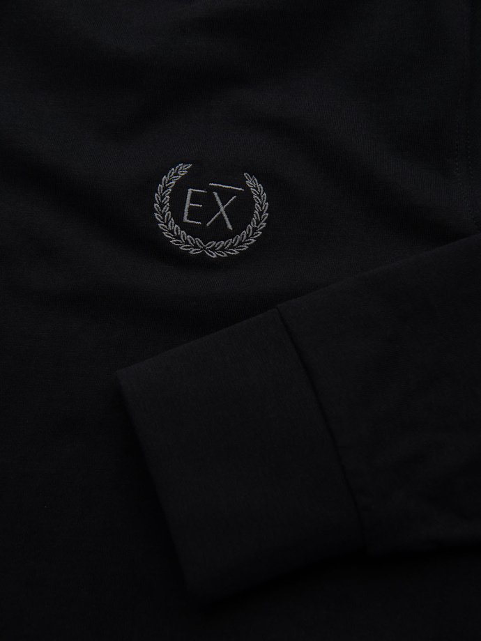 Bawełniany longsleeve męski z dekoltem U w paski i haftem – czarny V4 OM-LSCL-0128