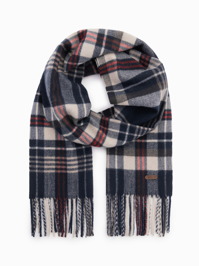 Men's Scottish check fringed scarf - navy blue and cream V3 OM-ACSF-0113