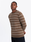 Men's casual sweater with horizontal stripes - brown V3 OM-SWSW-0143