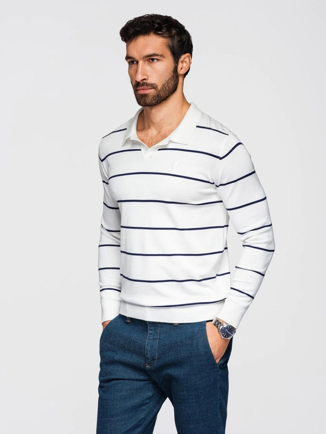 Men's horizontal striped polo longsleeve with viscose - white and navy blue V2 OM-POLS-0146