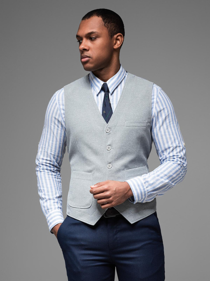 Fitted structured men's vest with patch pockets - grey melange V2 OM-BLZV-0146