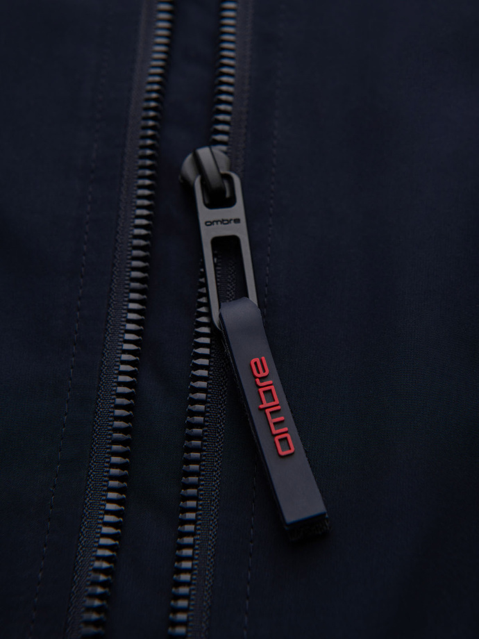 Men's jacket with hood and high collar - navy blue V2 OM-JANP-0222