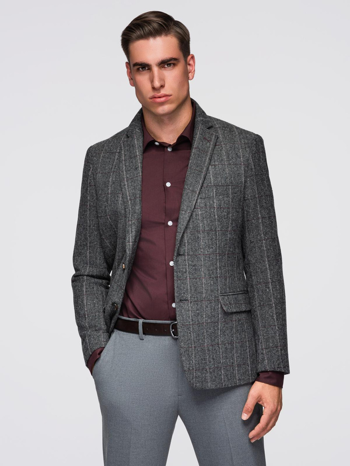Elegancka męska marynarka w kratkę z domieszką wełny – szara V1 OM-BLZB-0137
