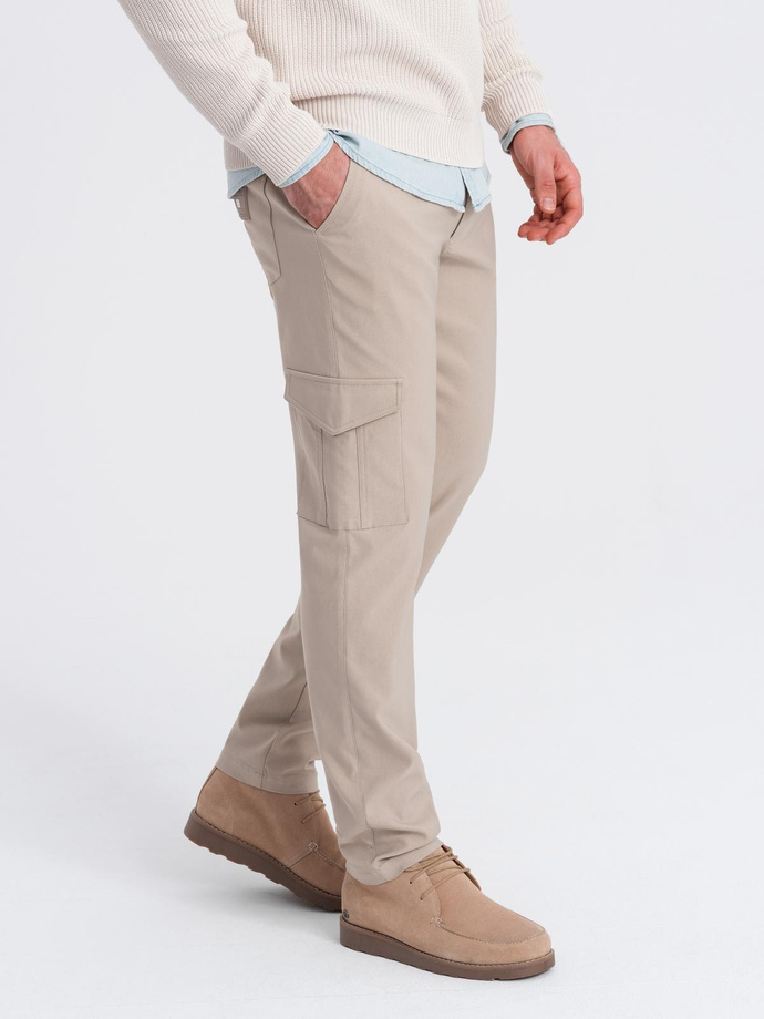 Men's REGULAR fabric pants with cargo pockets - beige V3 OM-PACG-0178