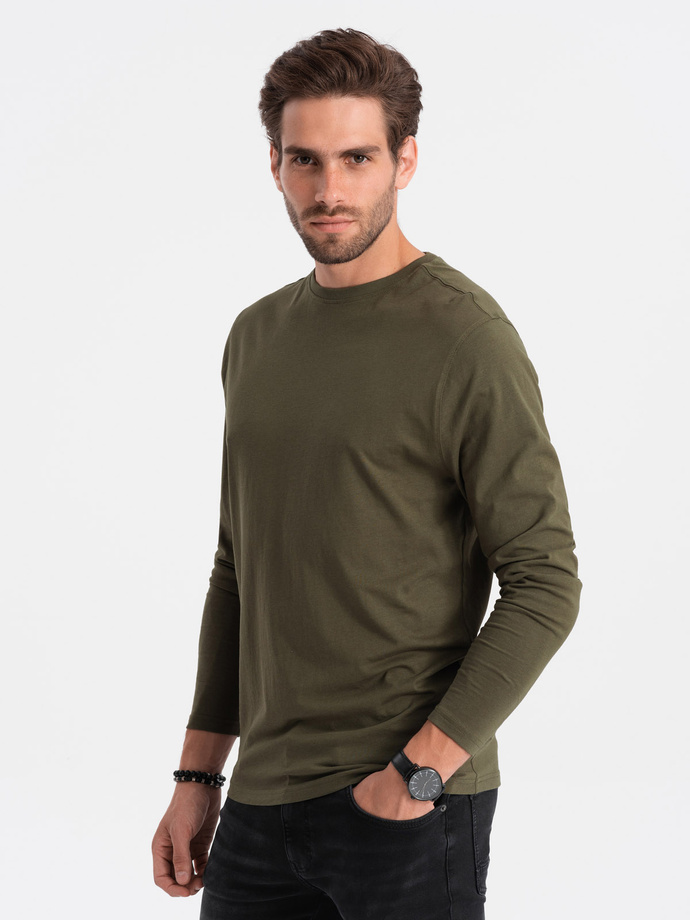 Męski longsleeve BASIC z okrągłym dekoltem - ciemnooliwkowy V7 OM-LSBL-0106