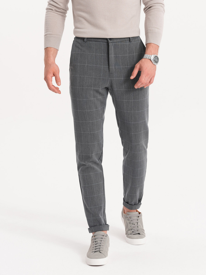 Men's pants with elastic waistband in delicate check - gray V2 OM-PACP-0120