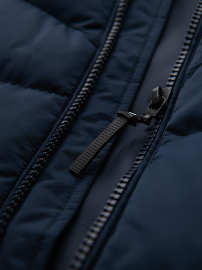 Men's jacket with asymmetrical quilting and hood - navy blue V4 OM-JAHP-0304