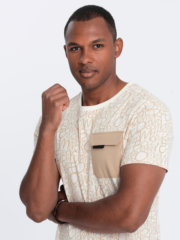 Men's cotton t-shirt with letter print and pocket - cream and brown V1 OM-TSFP-0188