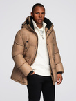 Men's long puffer jacket with snap pockets - brown V2 OM-JALJ-0186