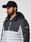 Men's quilted jacket with detachable hood - graphite and white V3 OM-JALP-0206