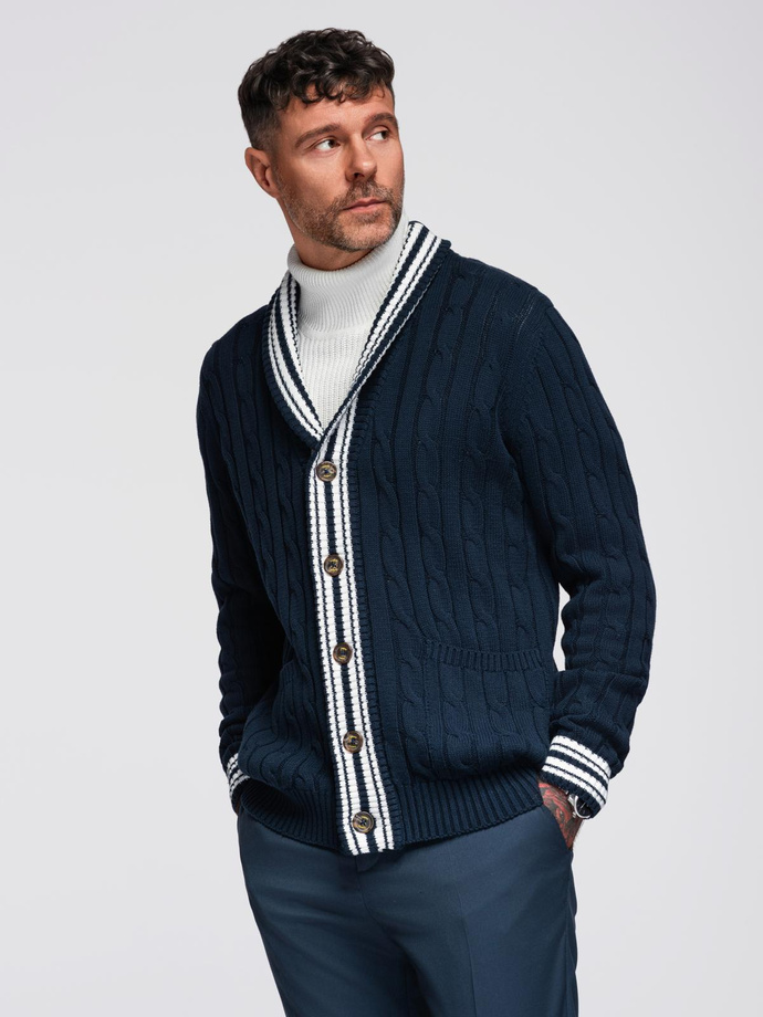 Men's cardigan sweater with shawl collar in preppy style - navy blue V4 OM-SWCD-0152