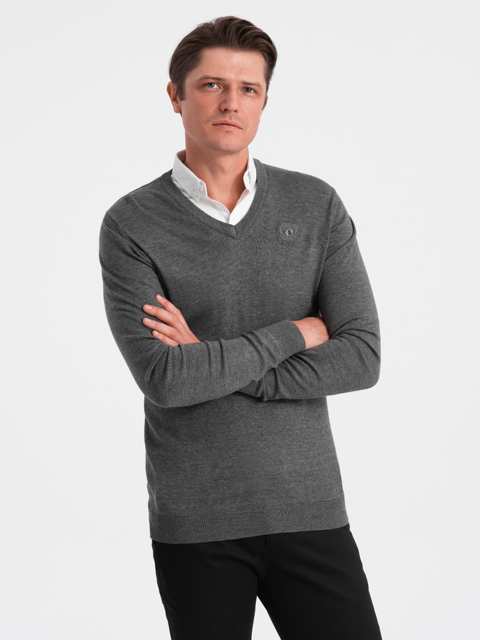 Men's sweater with a "v-neck" neckline with a shirt collar - graphite V3 OM-SWSW-0102