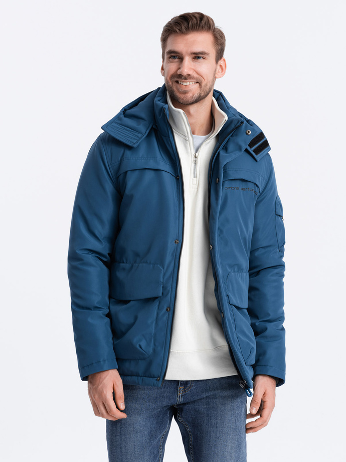 Men's insulated jacket with hood - dark blue V4 OM-JAHP-0128