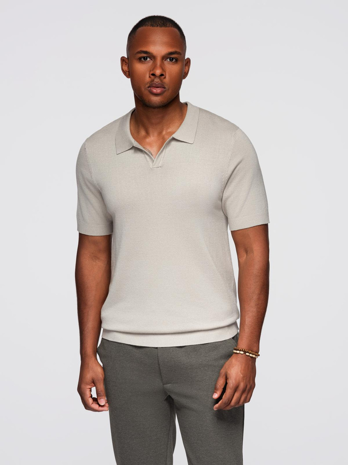 Men's buttonless polo shirt with classic weave - light grey V3 OM-POSS-0159
