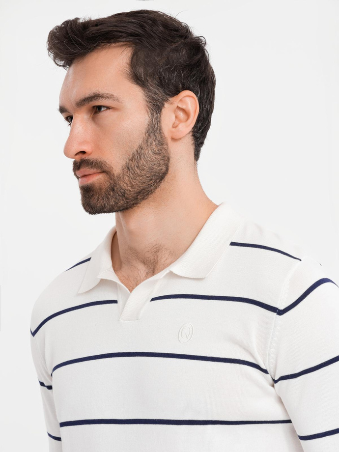 Men's horizontal striped polo longsleeve with viscose - white and navy blue V2 OM-POLS-0146
