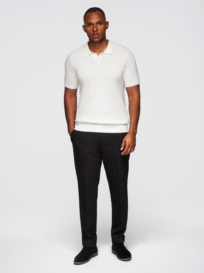 Bawełniana koszulka męska polo ze strukturalnej dzianiny – złamana biel V4 OM-POSS-0117