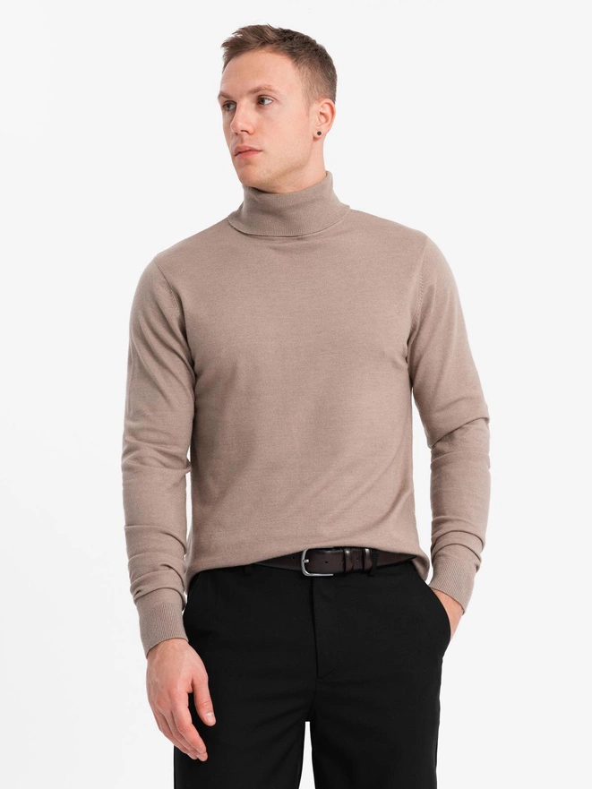 Men's knitted turtleneck with viscose - dark beige V3 OM-SWTN-0127