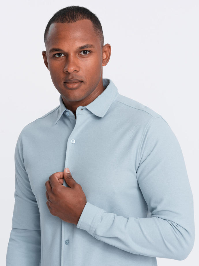 Men's long sleeve knitted SLIM FIT shirt - blue V3 OM-SHCS-0177
