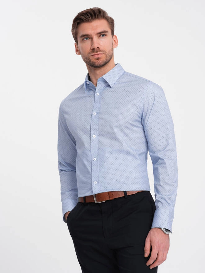 Men's micro-patterned cotton REGULAR FIT shirt - light blue V2 OM-SHCS-0152