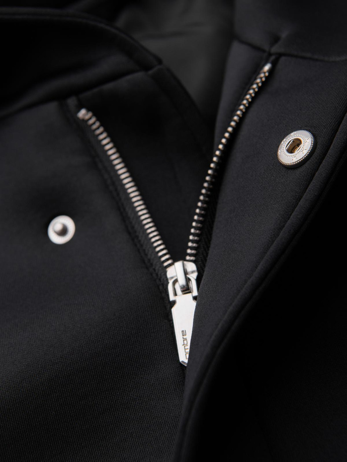 Men's minimalist medium length coat with hood - black V4 OM-COLC-0144