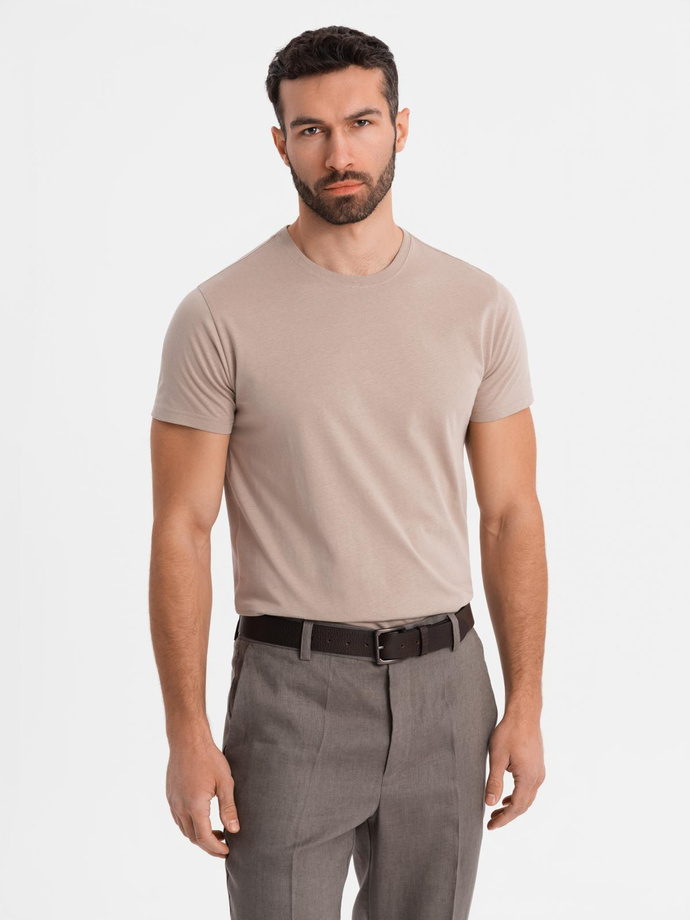 Klasyczny T-shirt męski bawełniany BASIC - piaskowy V11 OM-TSBS-0236