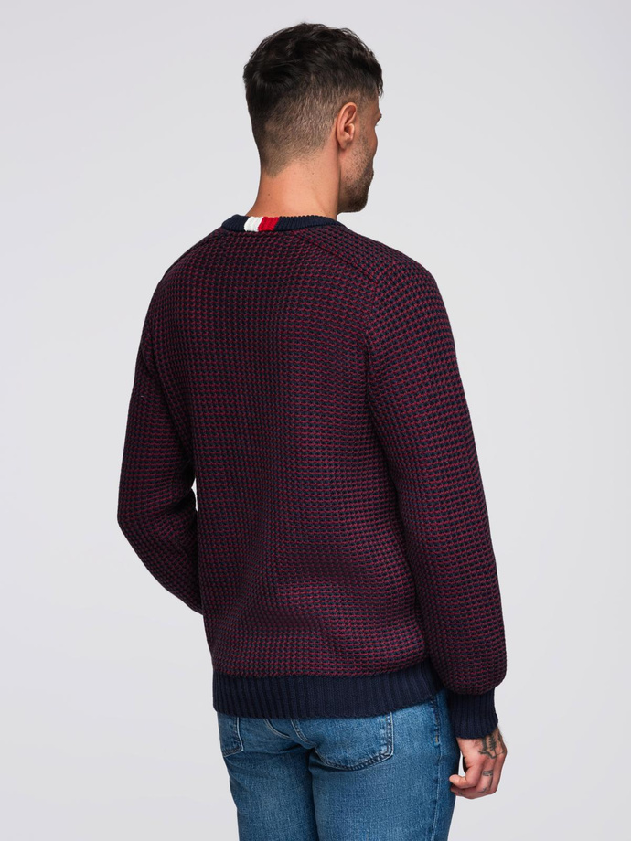 Men's contrast weave sweater with round neckline - maroon V1 OM-SWSW-0122