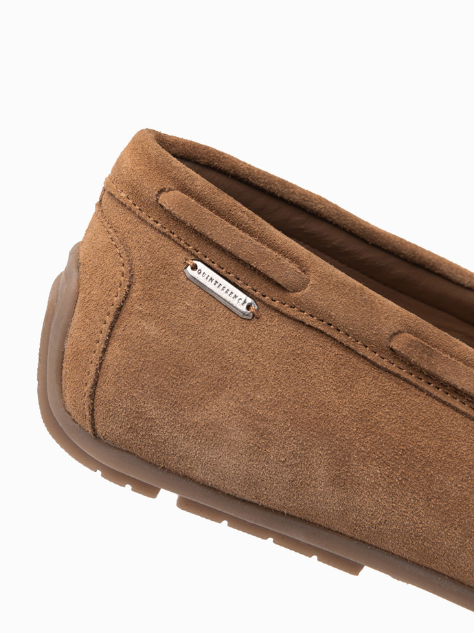 Mokasyny buty męskie skórzane z rzemykiem i podeszwą driver - brązowe V3 OM-FOCS-0150