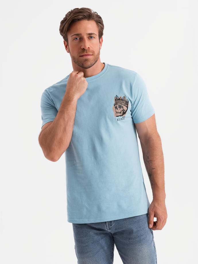 Men's cotton t-shirt with chest print - light blue V2 OM-TSPT-0167